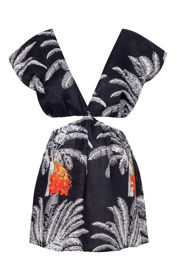 Quinto Sol Linen Mini Dress / Black Palms